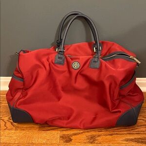 Tory Burch Robinson Weekender Red Nylon Bag with Navy Trim
